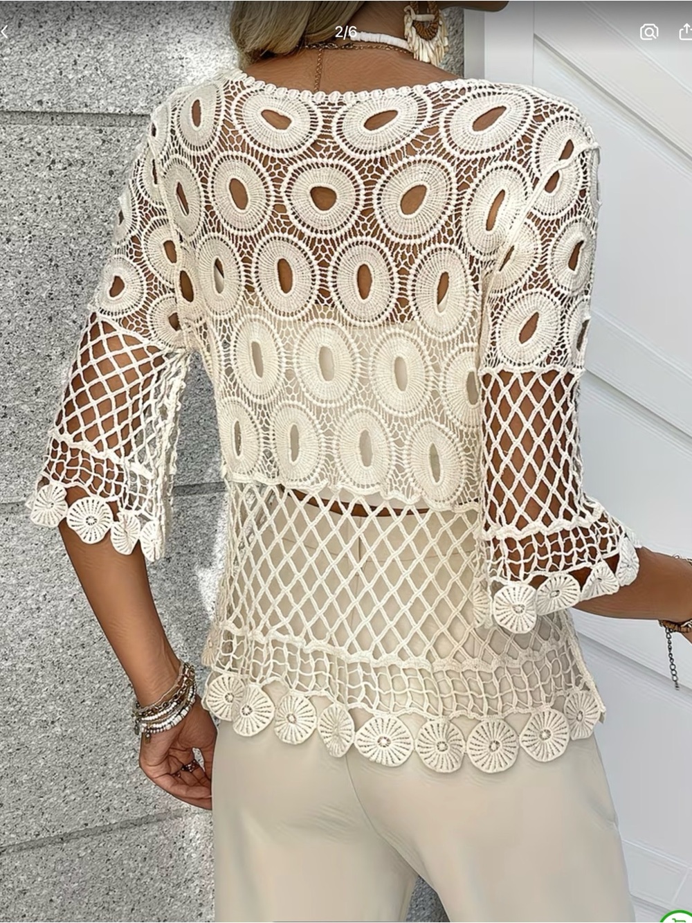 Boho Crochet Lace Cutout Tunic Top Cream Mesh Knit Blouse Festival 3/4 Sleeve L - Picture 4 of 5